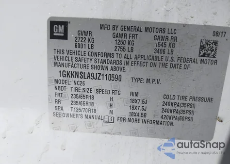 2018 GMC Acadia Sle-2 z USA, uszkodzony, nr VIN 1GKKNSLA9JZ110590